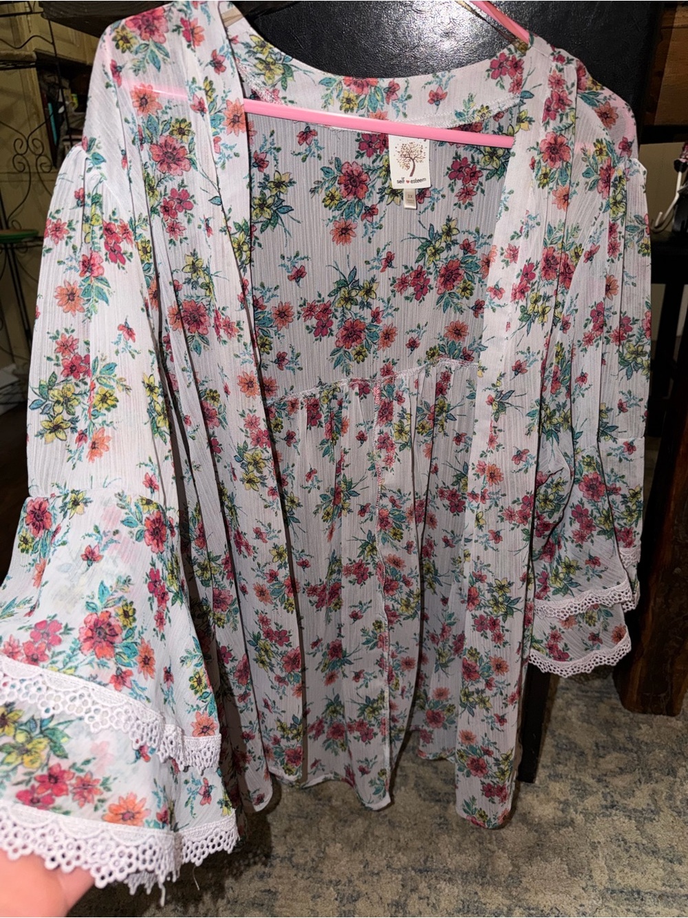 Self Esteem White Sheer Floral Kimono with Pink and Green Print